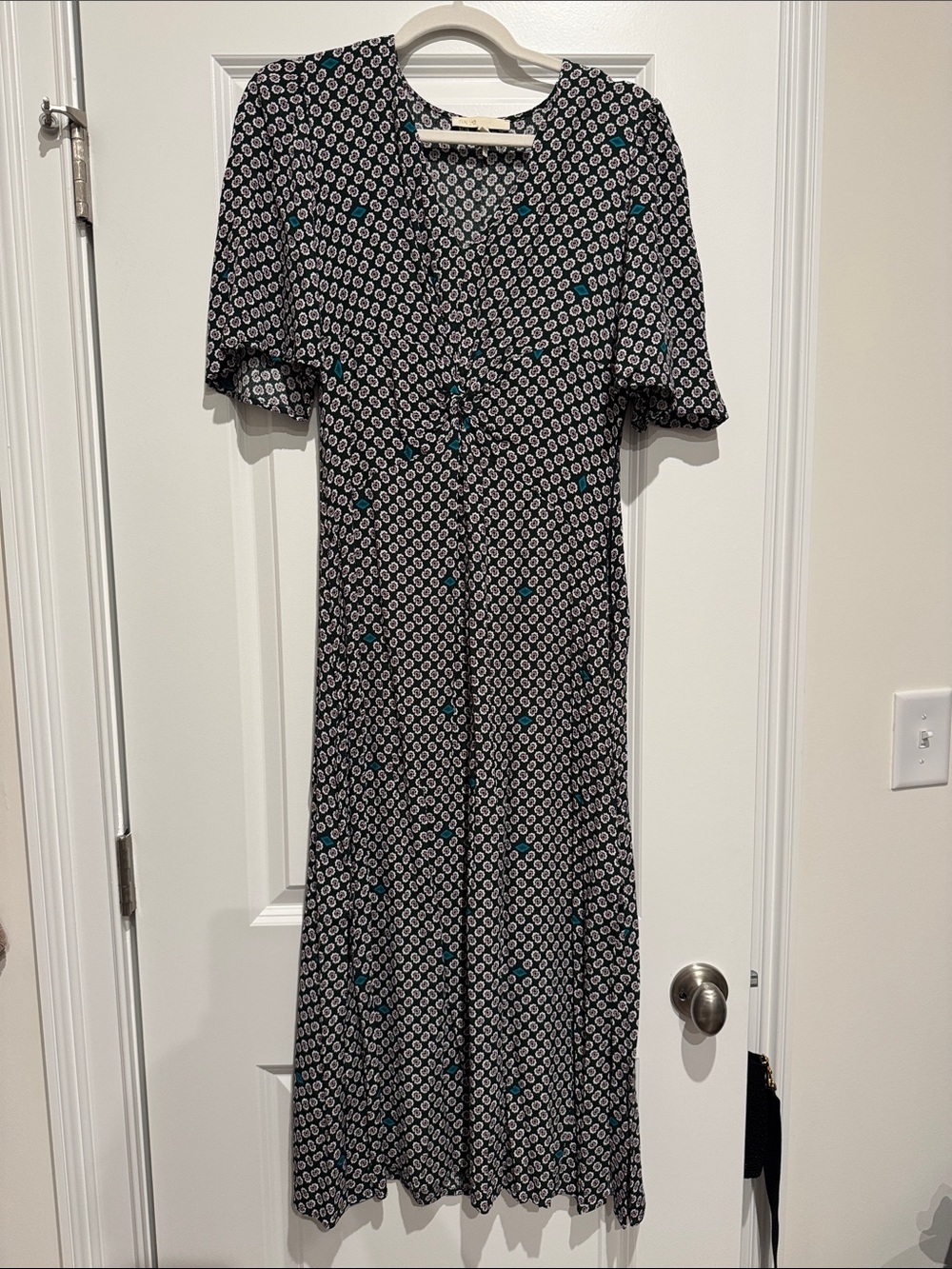 Maje Black Midi Dress with White Geometric Print